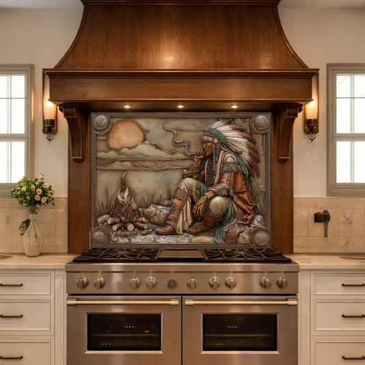 Native American Leader Campfire Relief Tempered Glass Backsplash, Western Heritage Wall Panel, Stove Guard