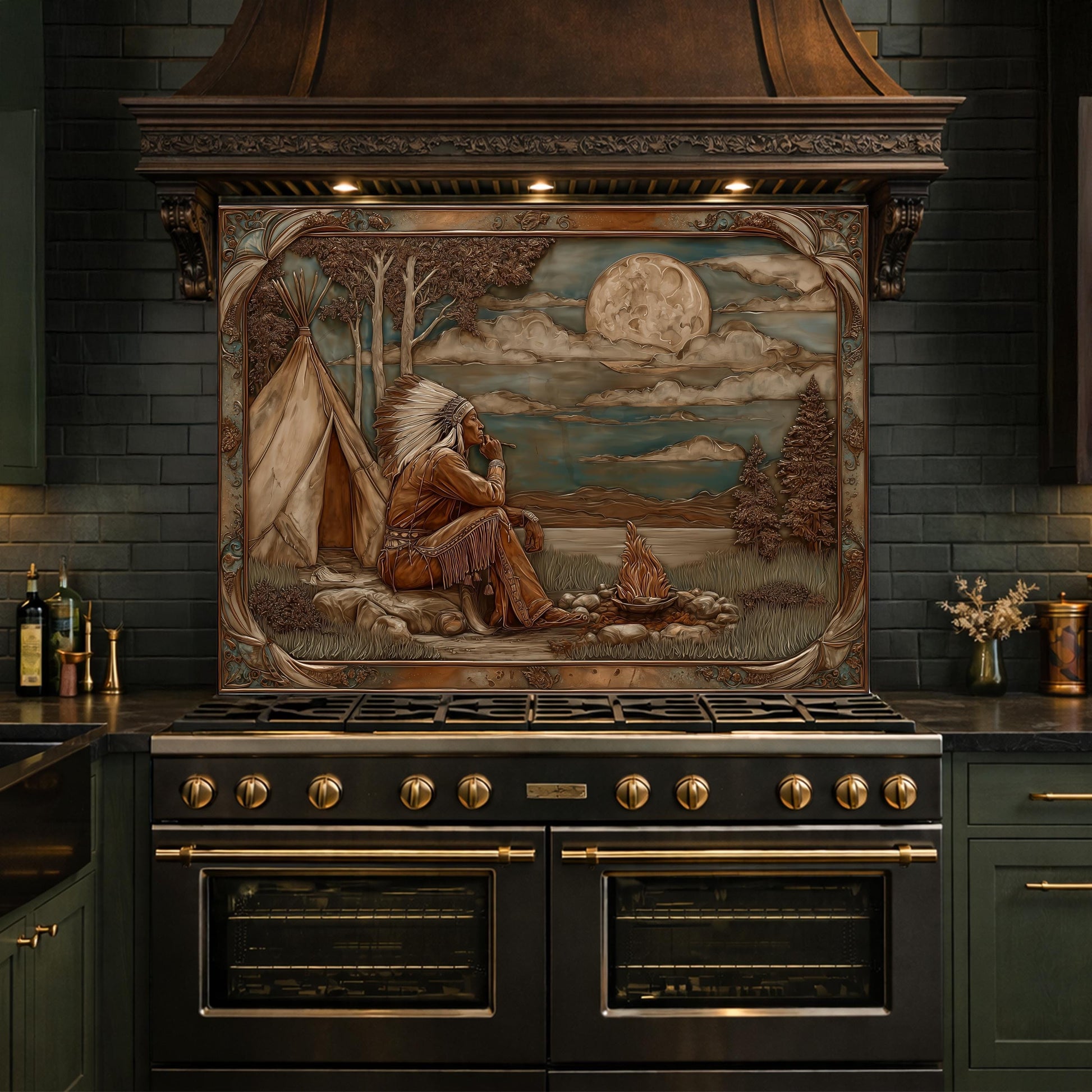 Native American Leader Moonlit Campfire Tempered Glass Backsplash, Western Heritage Relief Wall Panel