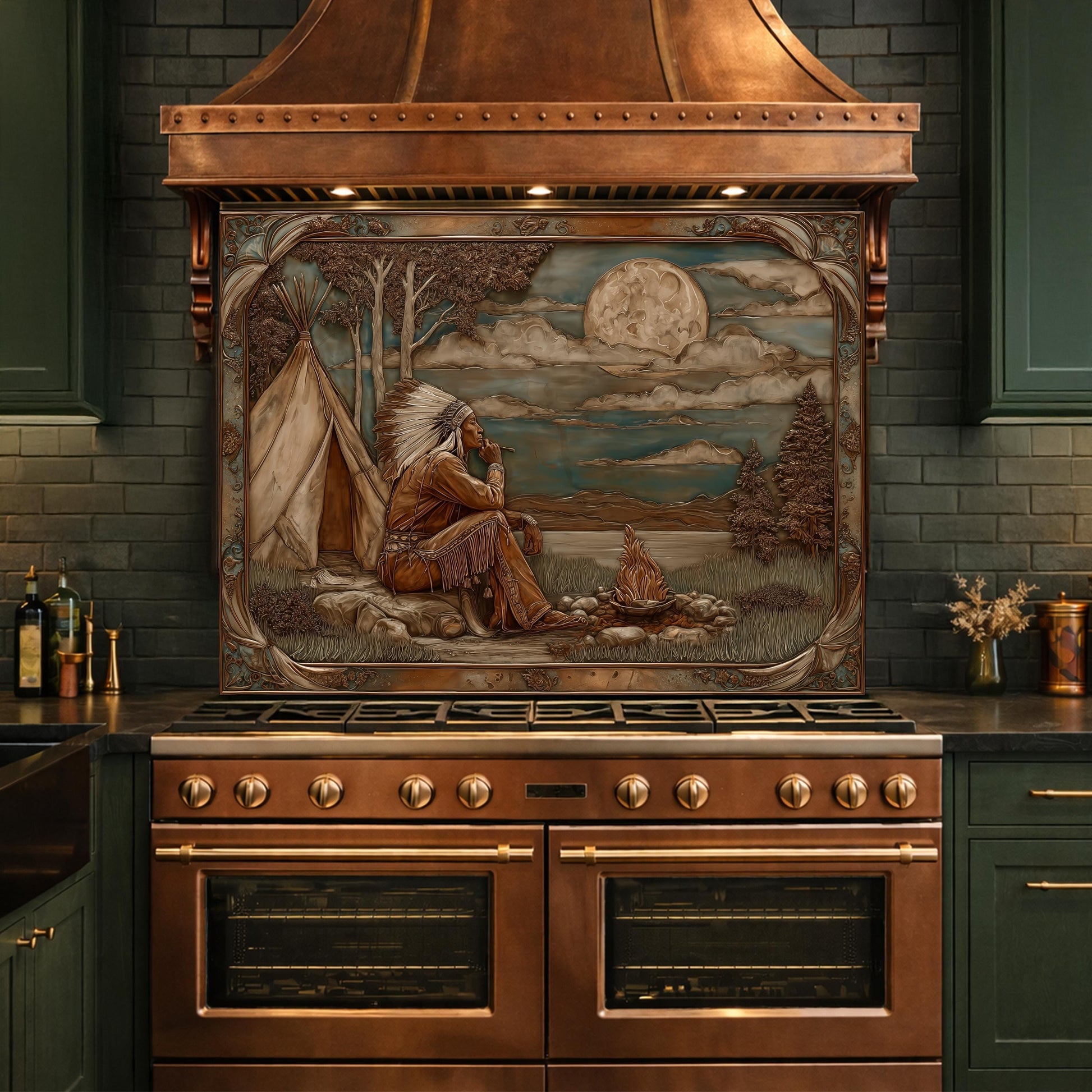 Native American Leader Moonlit Campfire Tempered Glass Backsplash, Western Heritage Relief Wall Panel