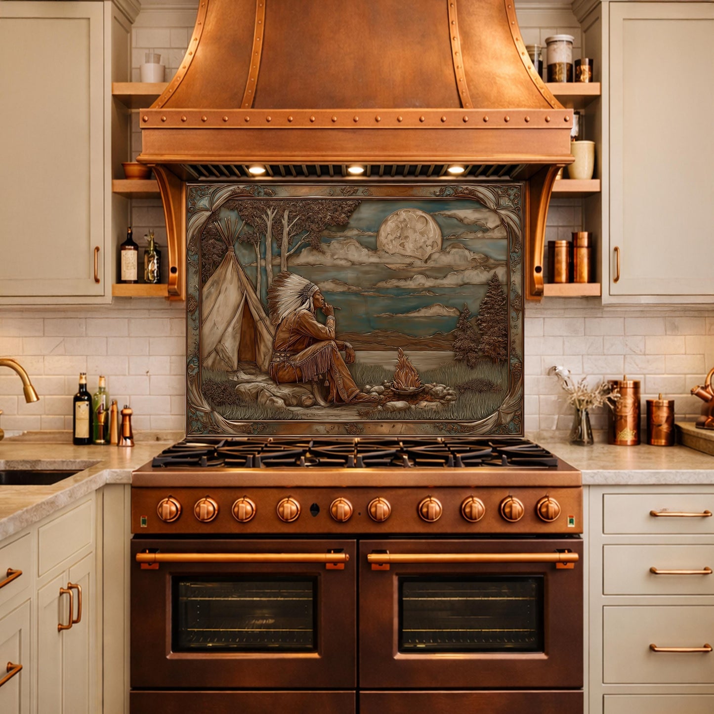 Native American Leader Moonlit Campfire Tempered Glass Backsplash, Western Heritage Relief Wall Panel