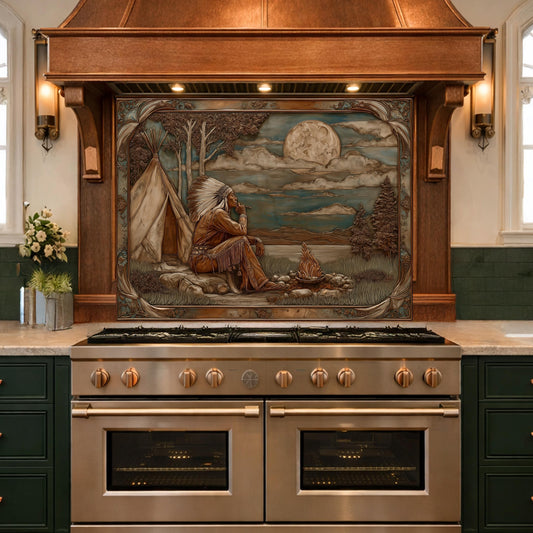 Native American Leader Moonlit Campfire Tempered Glass Backsplash, Western Heritage Relief Wall Panel