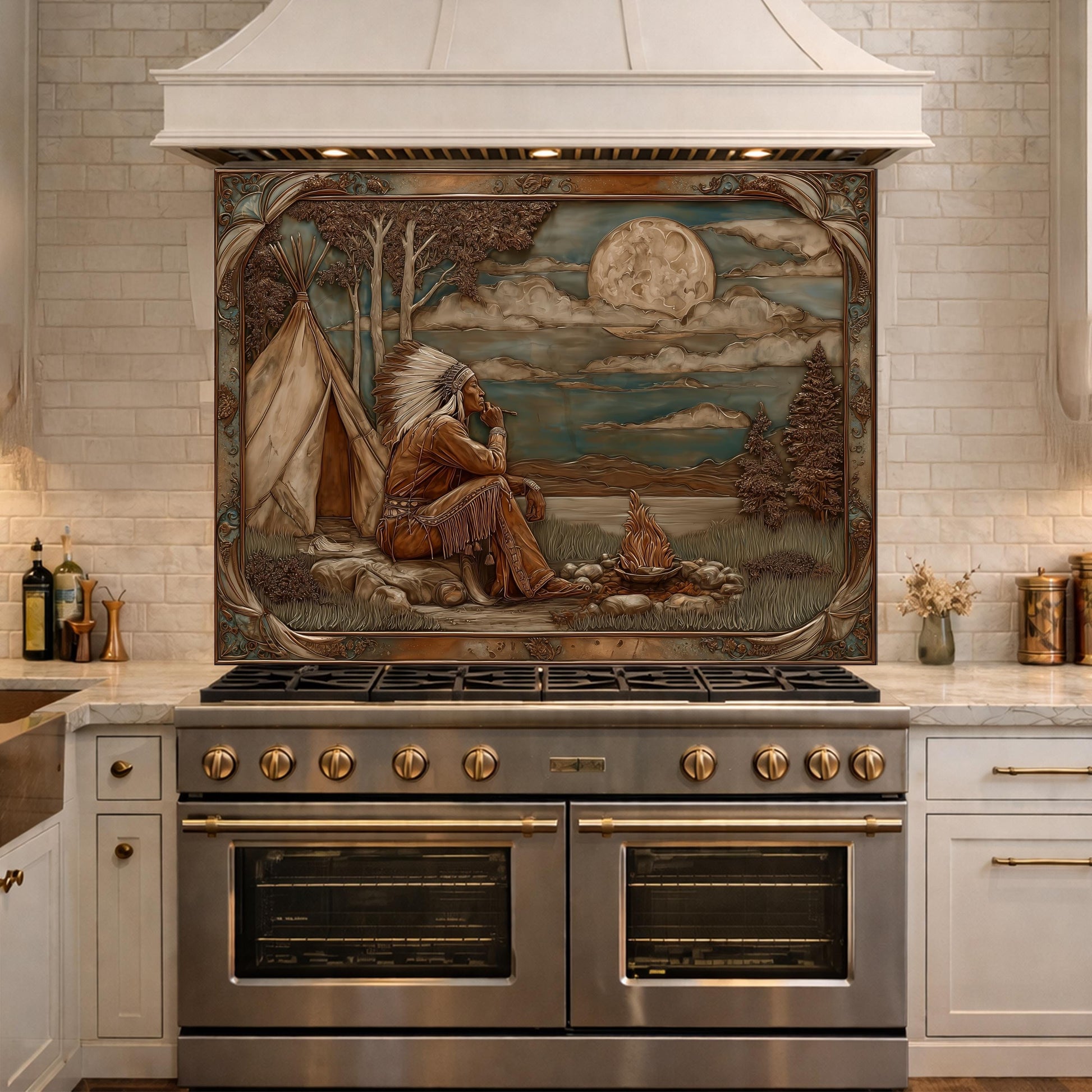 Native American Leader Moonlit Campfire Tempered Glass Backsplash, Western Heritage Relief Wall Panel