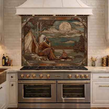Native American Leader Moonlit Campfire Tempered Glass Backsplash, Western Heritage Relief Wall Panel