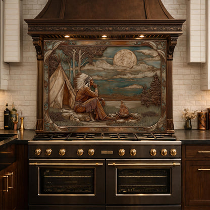 Native American Leader Moonlit Campfire Tempered Glass Backsplash, Western Heritage Relief Wall Panel