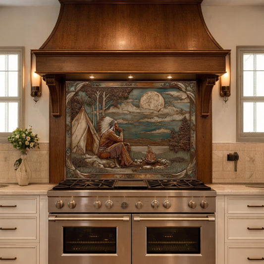 Native American Leader Moonlit Campfire Tempered Glass Backsplash, Western Heritage Relief Wall Panel
