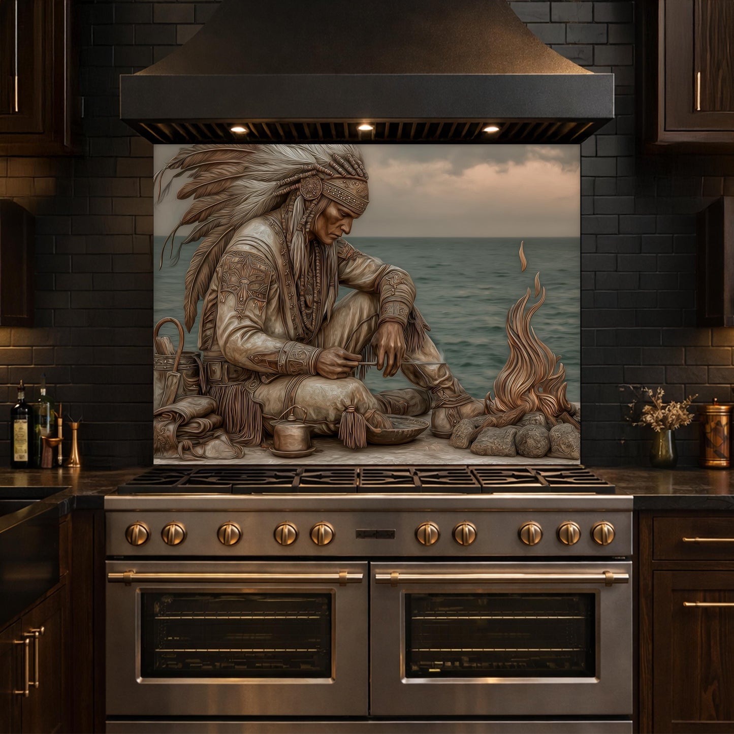Native American Leader Coastal Fire Tempered Glass Backsplash, Heritage Carved Relief Wall Panel