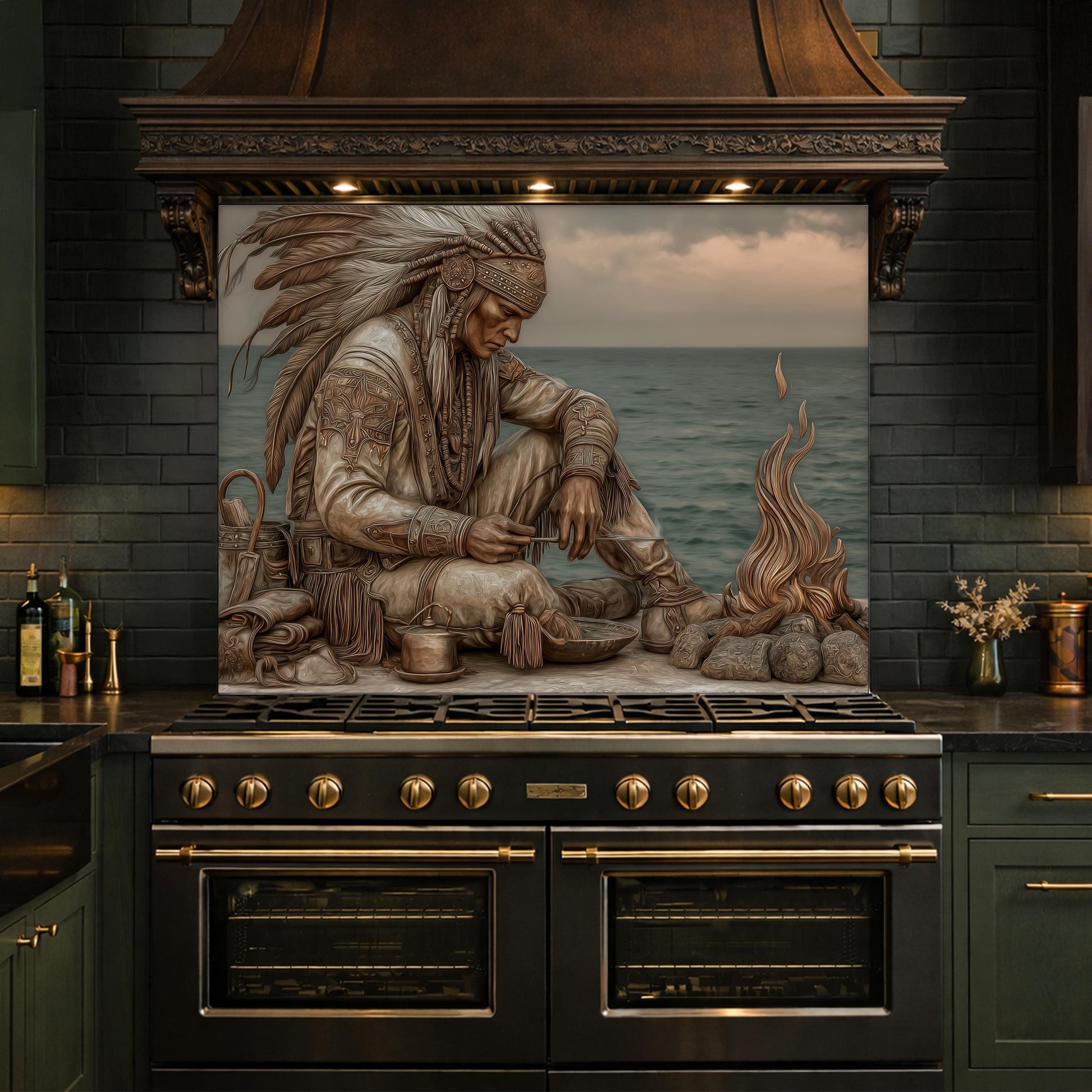 Native American Leader Coastal Fire Tempered Glass Backsplash, Heritage Carved Relief Wall Panel