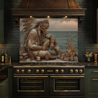Native American Leader Coastal Fire Tempered Glass Backsplash, Heritage Carved Relief Wall Panel