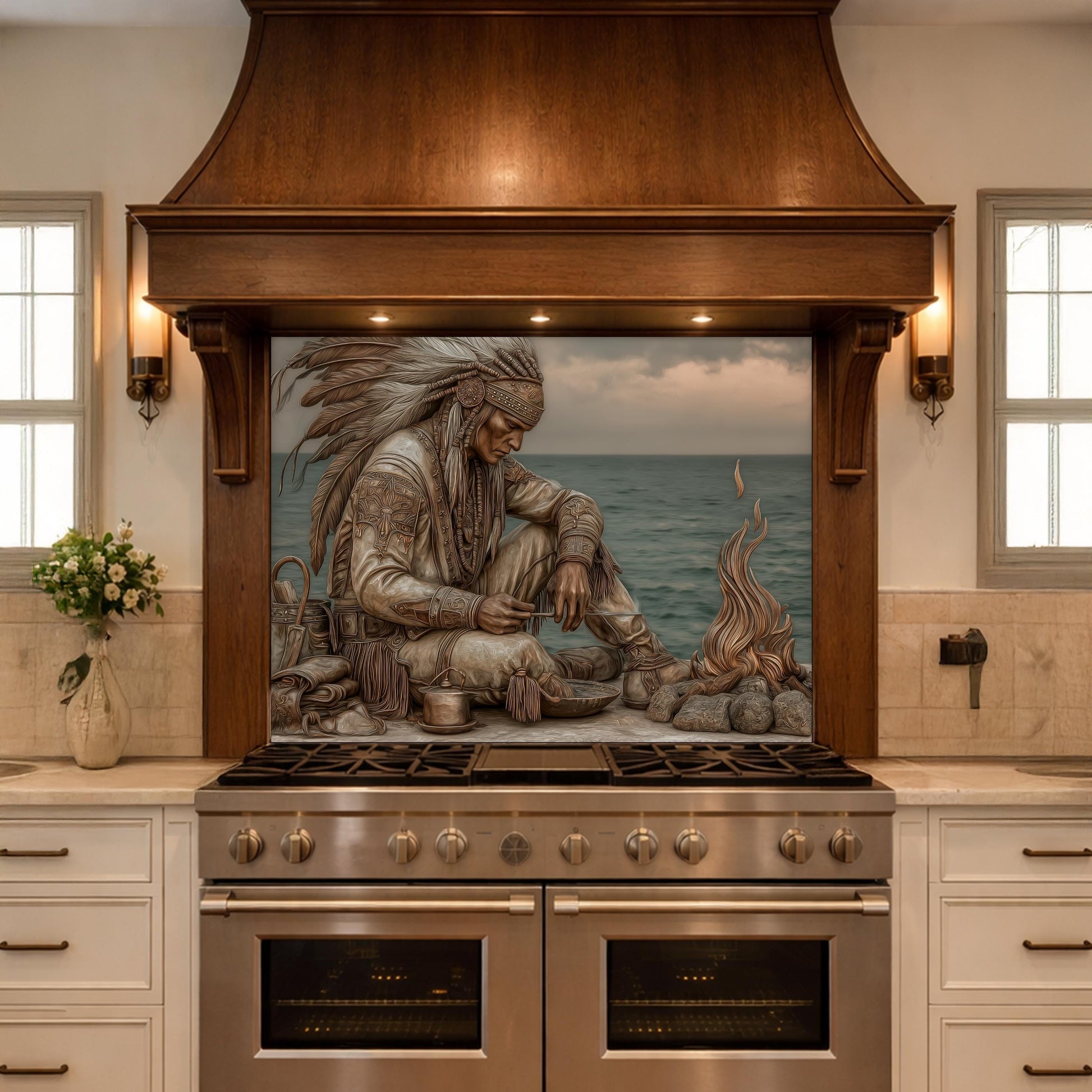 Native American Leader Coastal Fire Tempered Glass Backsplash, Heritage Carved Relief Wall Panel