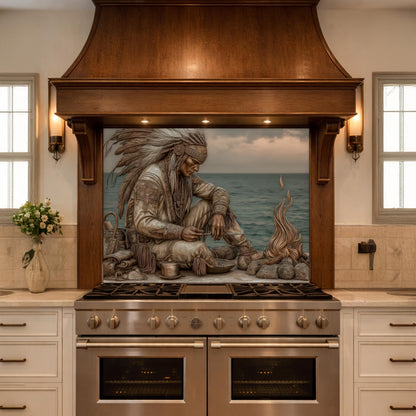 Native American Leader Coastal Fire Tempered Glass Backsplash, Heritage Carved Relief Wall Panel