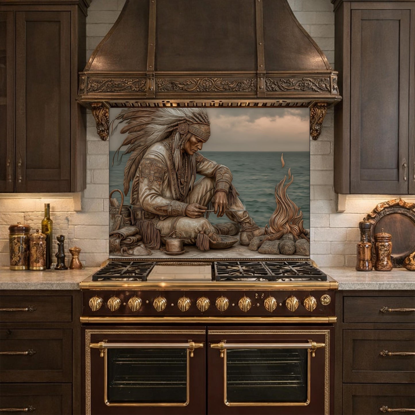Native American Leader Coastal Fire Tempered Glass Backsplash, Heritage Carved Relief Wall Panel