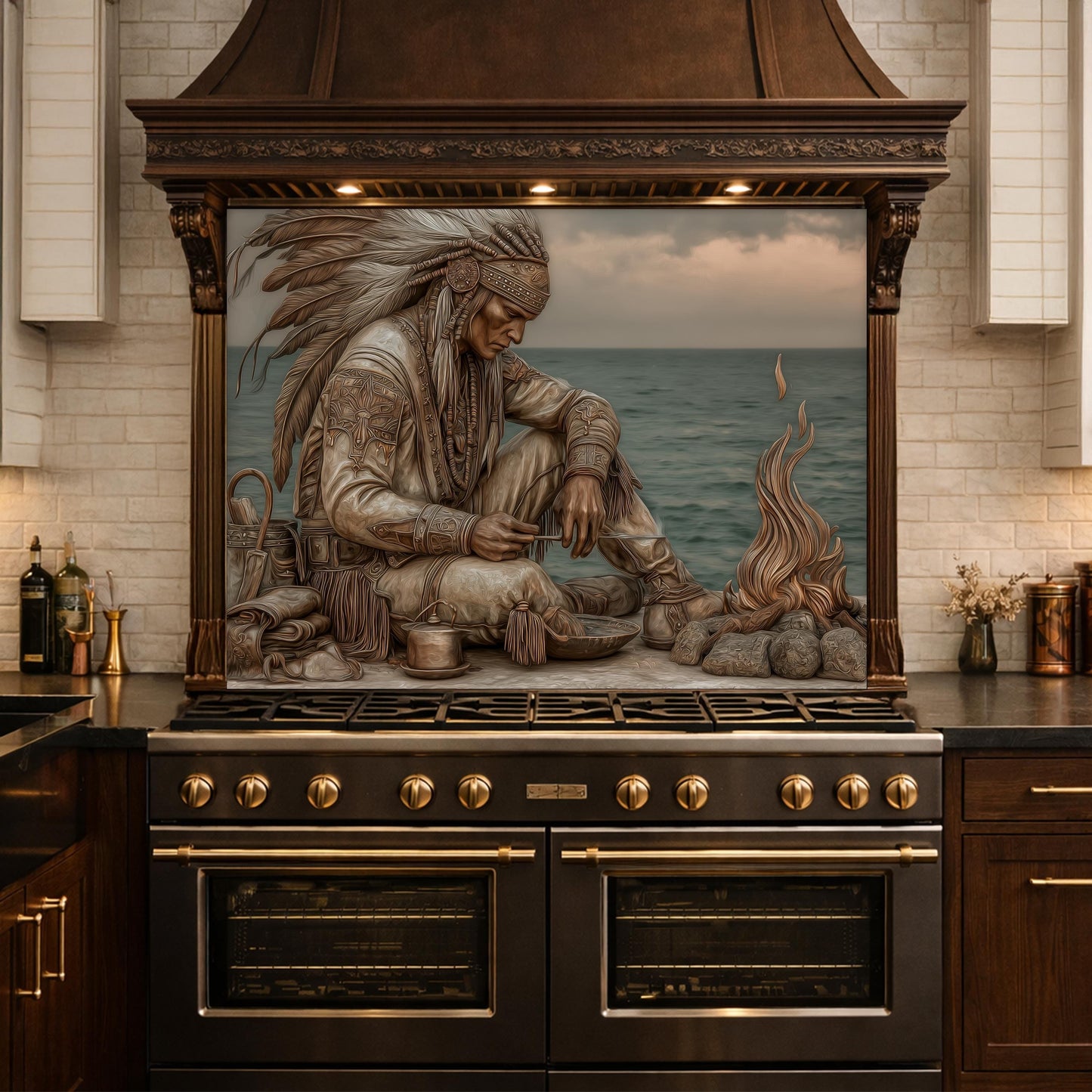 Native American Leader Coastal Fire Tempered Glass Backsplash, Heritage Carved Relief Wall Panel