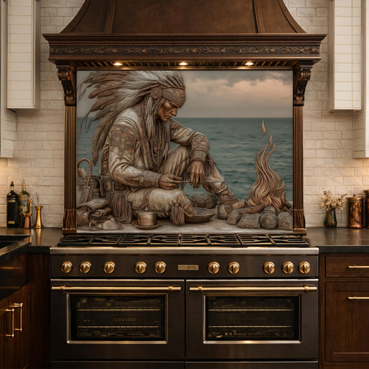 Native American Leader Coastal Fire Tempered Glass Backsplash, Heritage Carved Relief Wall Panel