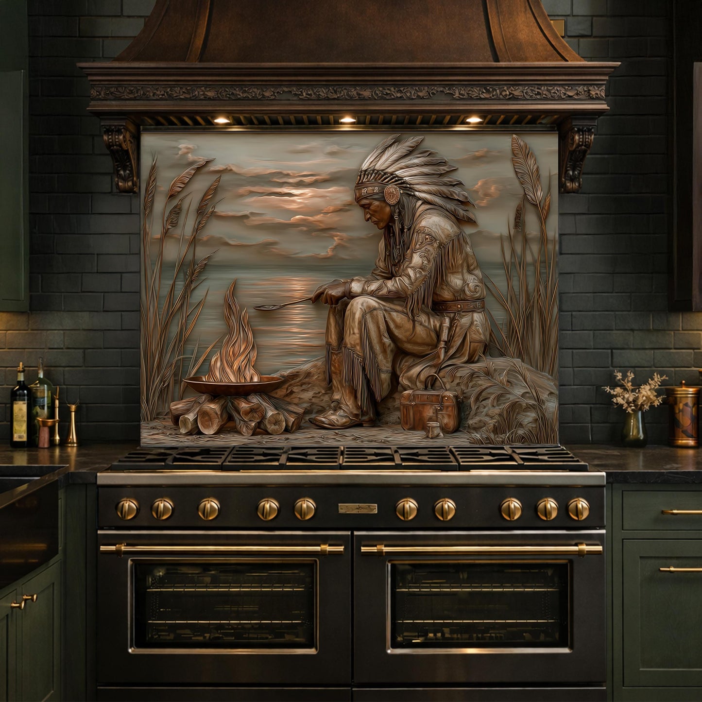Native American Leader Lakeside Fire Tempered Glass Backsplash, Heritage Carved Relief Wall Panel