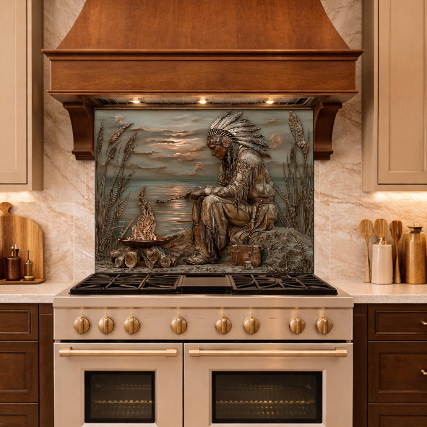 Native American Leader Lakeside Fire Tempered Glass Backsplash, Heritage Carved Relief Wall Panel