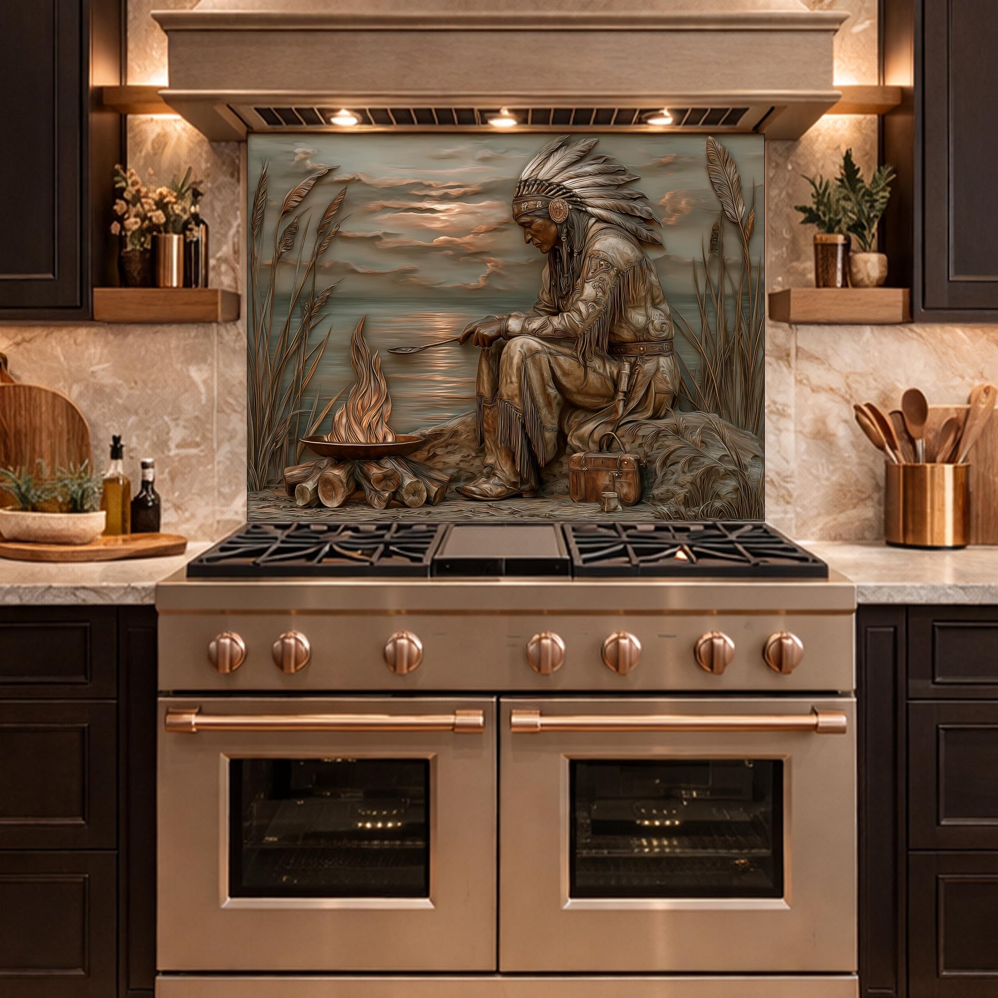 Native American Leader Lakeside Fire Tempered Glass Backsplash, Heritage Carved Relief Wall Panel