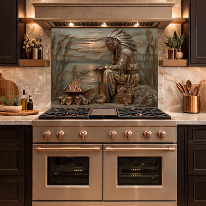 Native American Leader Lakeside Fire Tempered Glass Backsplash, Heritage Carved Relief Wall Panel
