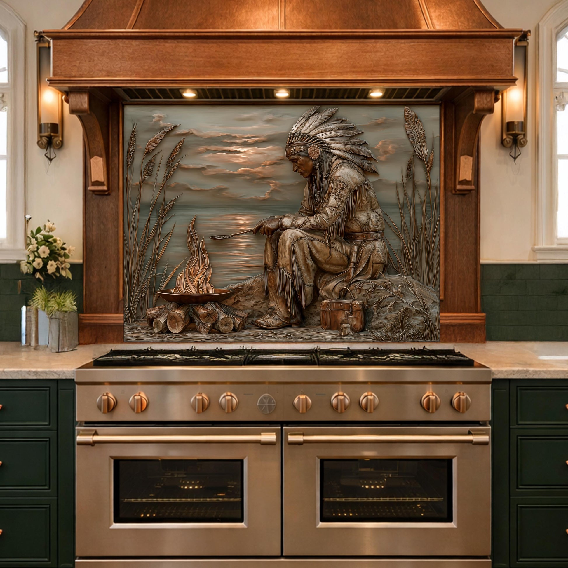 Native American Leader Lakeside Fire Tempered Glass Backsplash, Heritage Carved Relief Wall Panel
