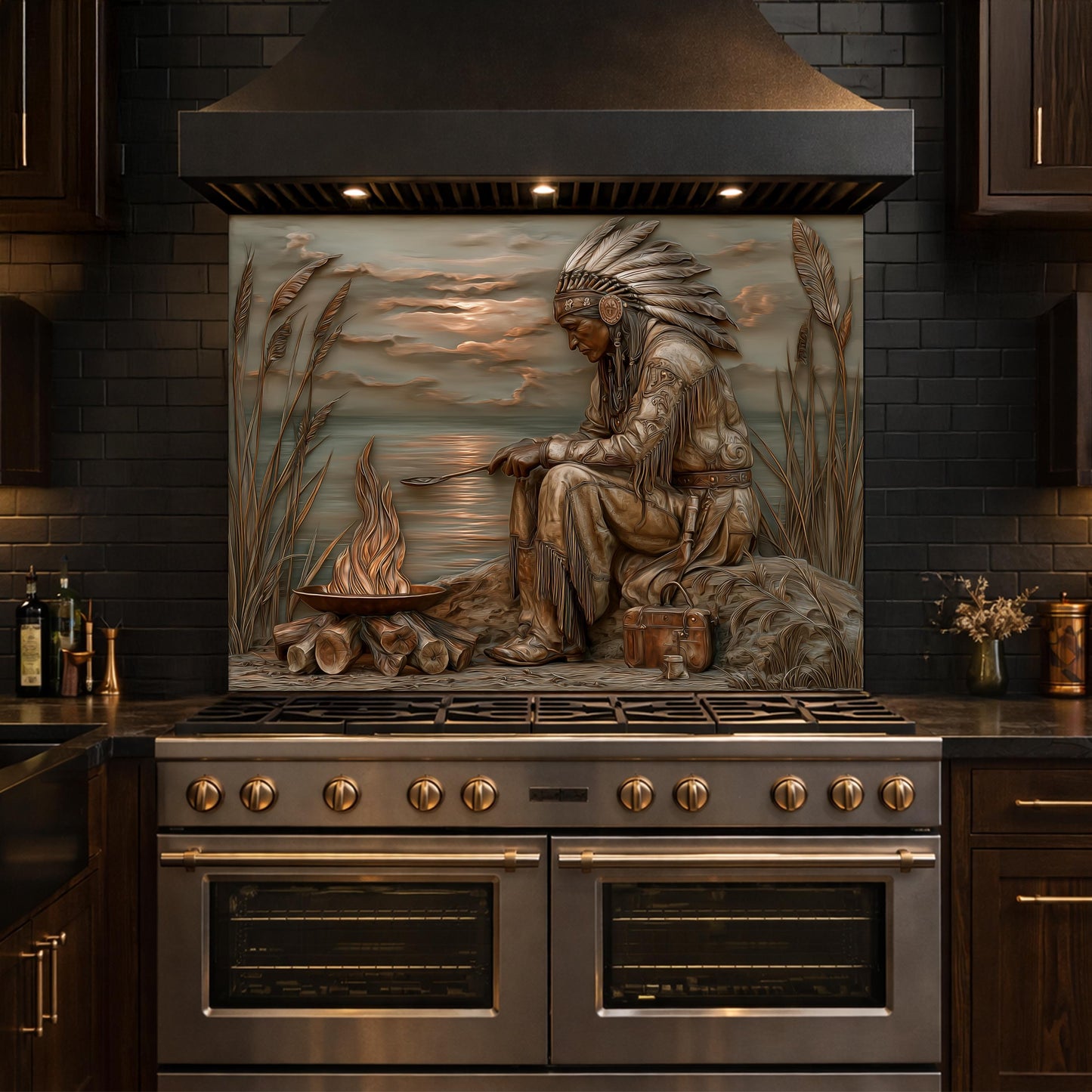 Native American Leader Lakeside Fire Tempered Glass Backsplash, Heritage Carved Relief Wall Panel
