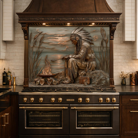 Native American Leader Lakeside Fire Tempered Glass Backsplash, Heritage Carved Relief Wall Panel