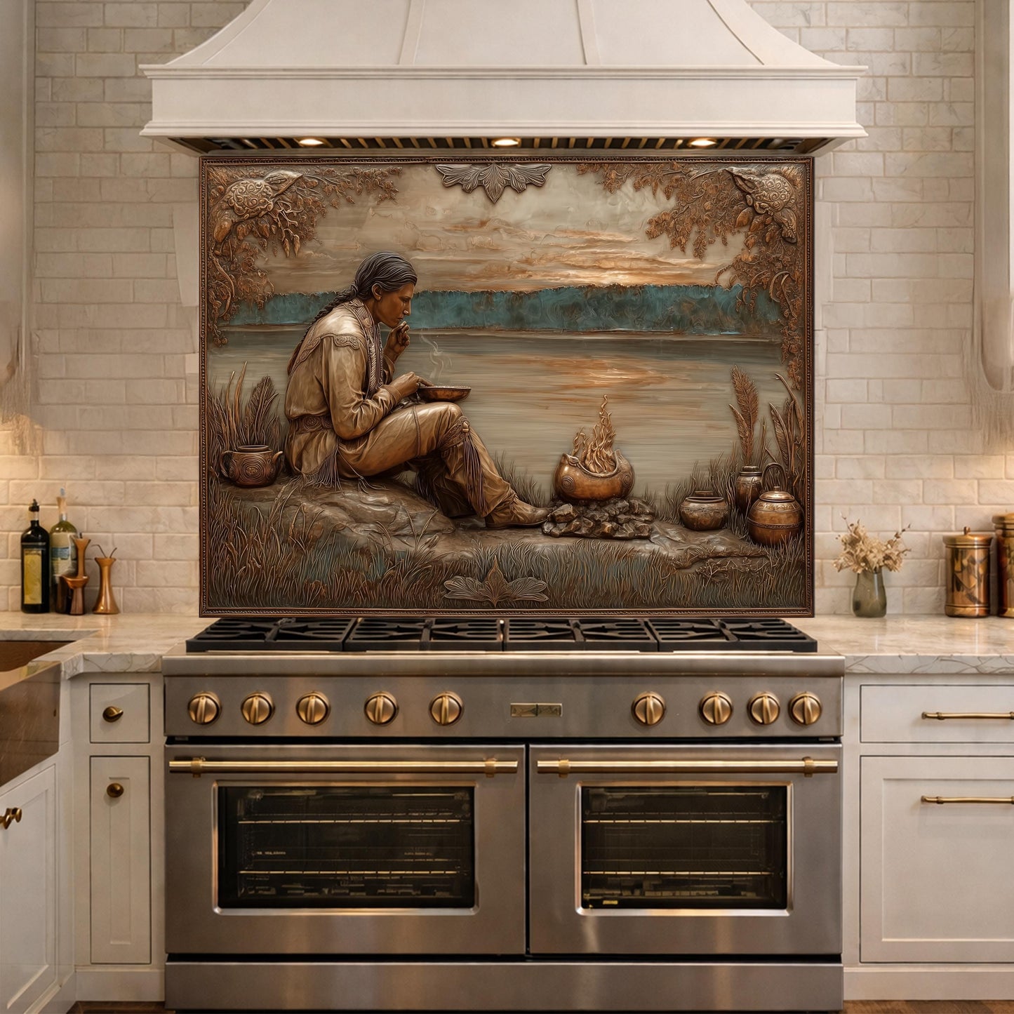 Native American Leader Lakeside Sunset Tempered Glass Backsplash, Heritage Carved Relief Wall Panel