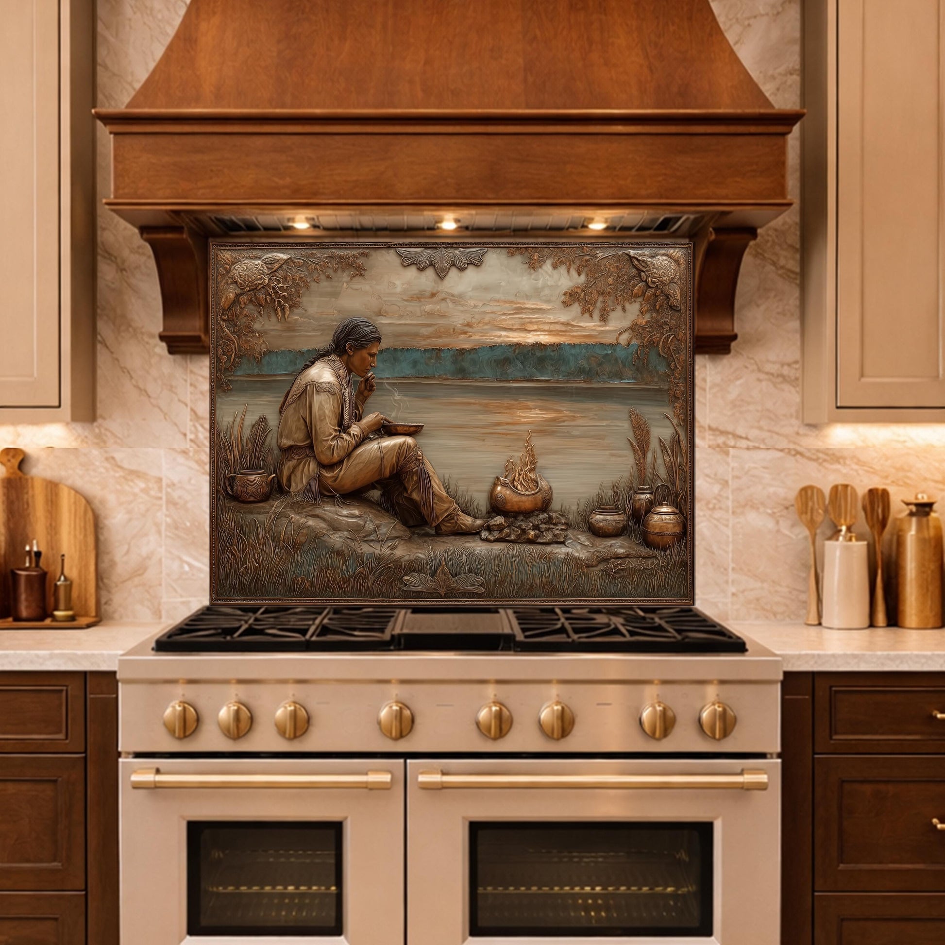 Native American Leader Lakeside Sunset Tempered Glass Backsplash, Heritage Carved Relief Wall Panel