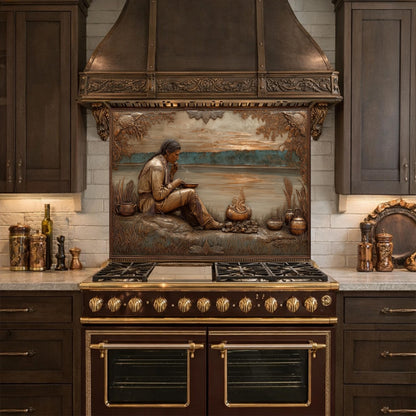 Native American Leader Lakeside Sunset Tempered Glass Backsplash, Heritage Carved Relief Wall Panel