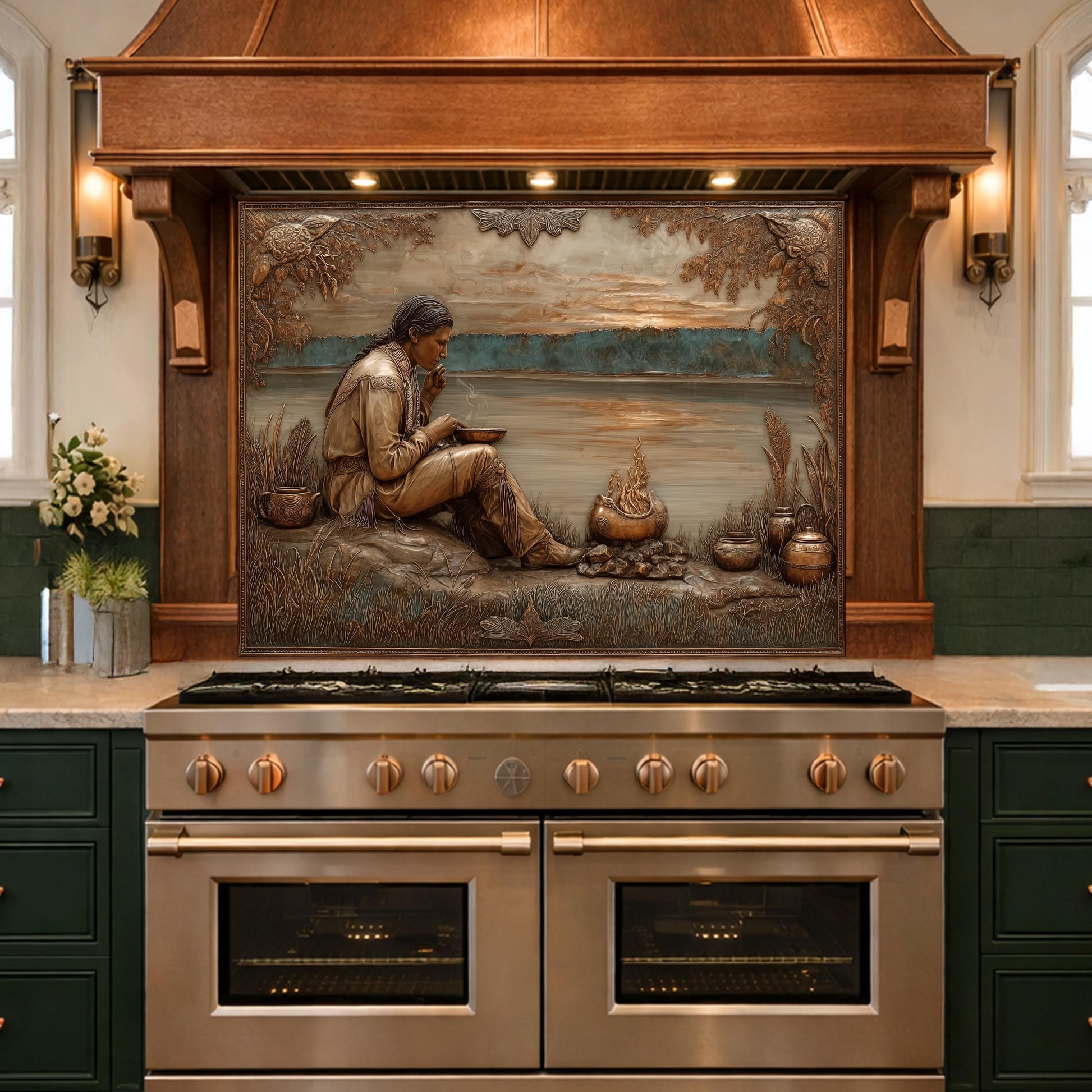 Native American Leader Lakeside Sunset Tempered Glass Backsplash, Heritage Carved Relief Wall Panel