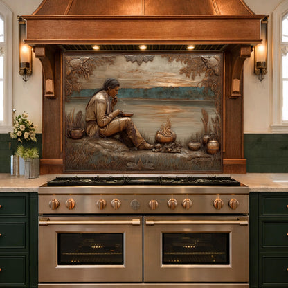 Native American Leader Lakeside Sunset Tempered Glass Backsplash, Heritage Carved Relief Wall Panel