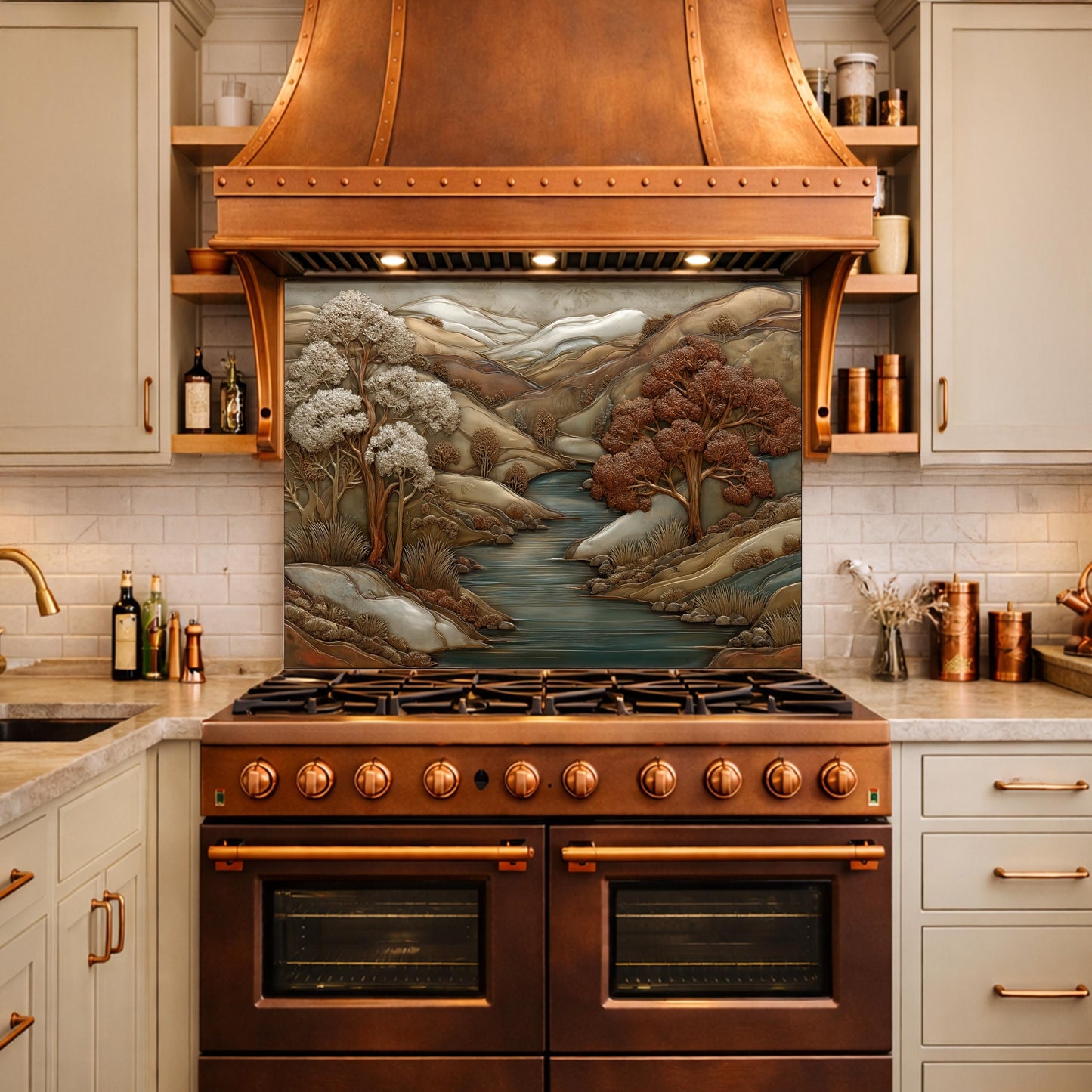 3D-Effect Copper Landscape Tempered Glass Kitchen Backsplash – Mountain River Wall Panel, Custom Size