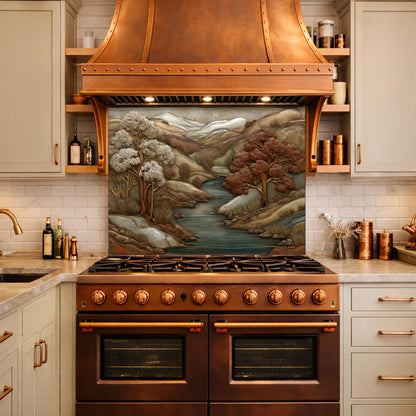 3D-Effect Copper Landscape Tempered Glass Kitchen Backsplash – Mountain River Wall Panel, Custom Size