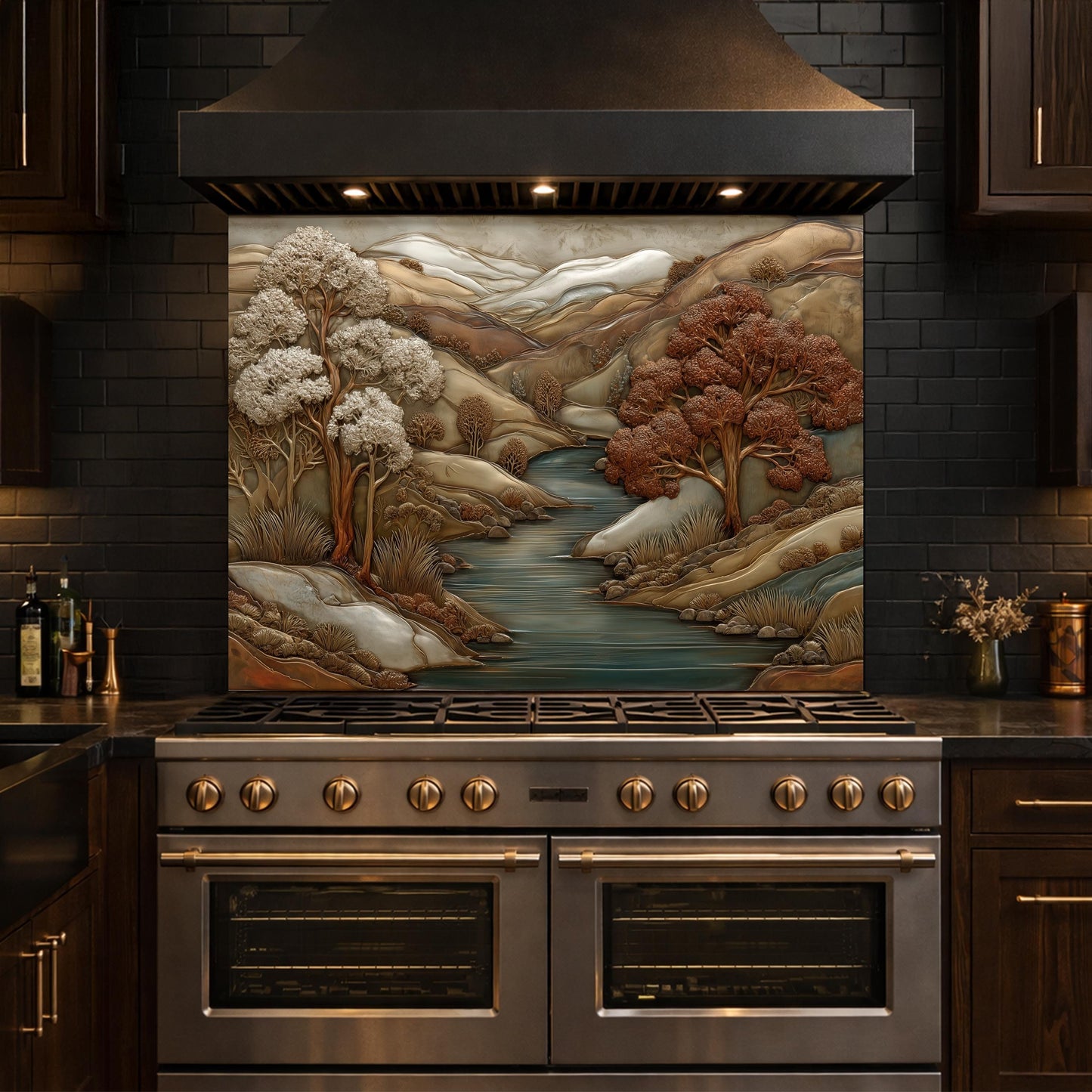 3D-Effect Copper Landscape Tempered Glass Kitchen Backsplash – Mountain River Wall Panel, Custom Size