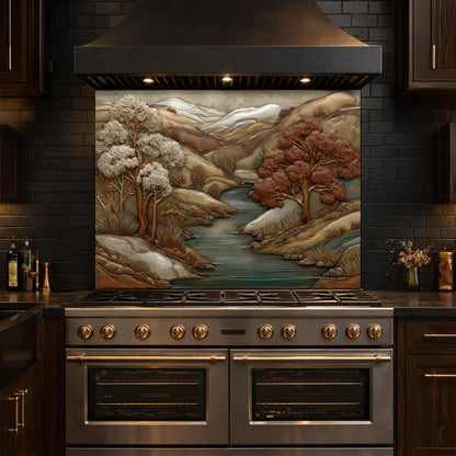 3D-Effect Copper Landscape Tempered Glass Kitchen Backsplash – Mountain River Wall Panel, Custom Size