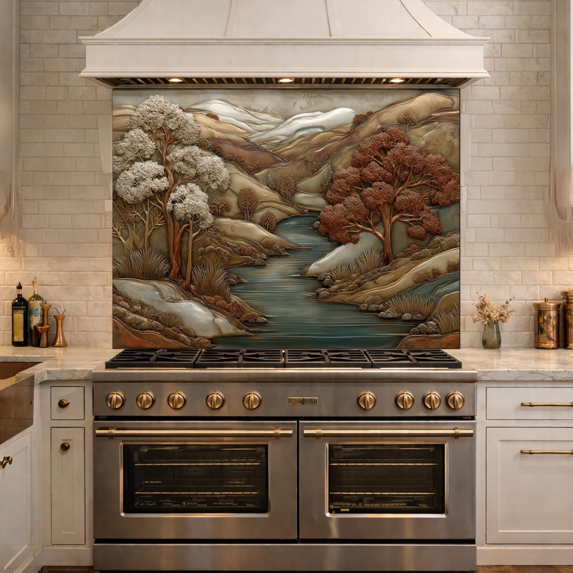 3D-Effect Copper Landscape Tempered Glass Kitchen Backsplash – Mountain River Wall Panel, Custom Size