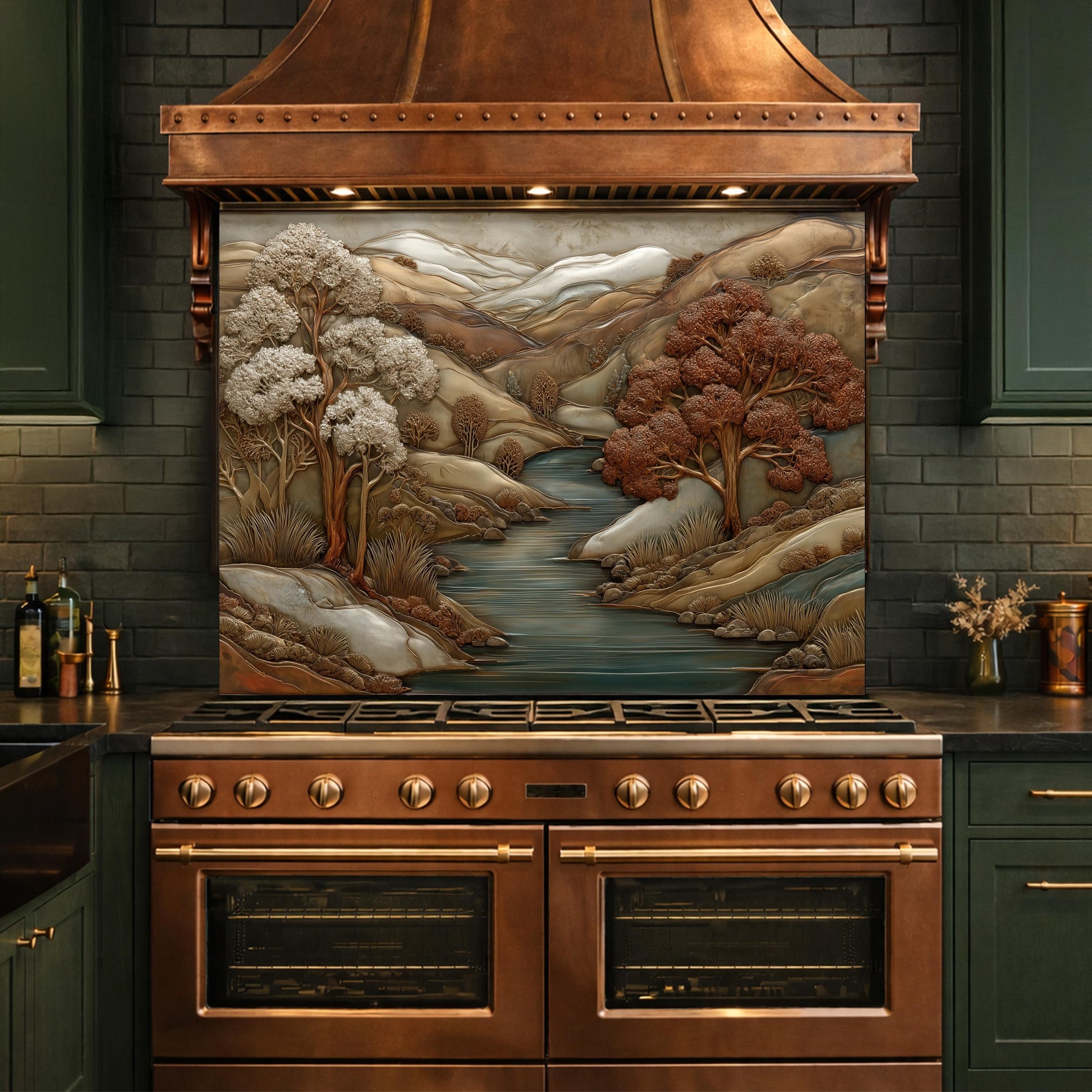 3D-Effect Copper Landscape Tempered Glass Kitchen Backsplash – Mountain River Wall Panel, Custom Size