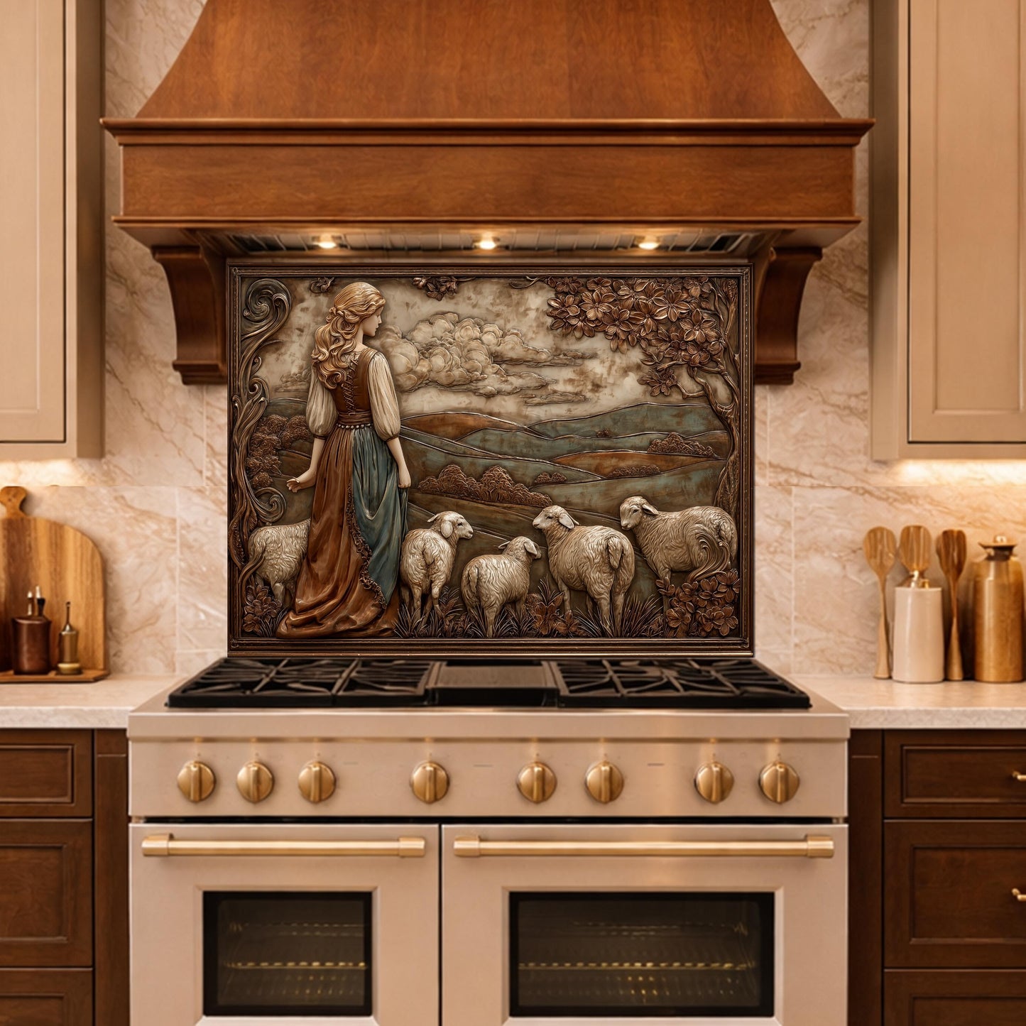 3D-Effect Copper Shepherdess Tempered Glass Kitchen Backsplash – Pastoral Countryside Scene Wall Panel, Custom Size