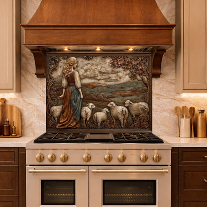 3D-Effect Copper Shepherdess Tempered Glass Kitchen Backsplash – Pastoral Countryside Scene Wall Panel, Custom Size