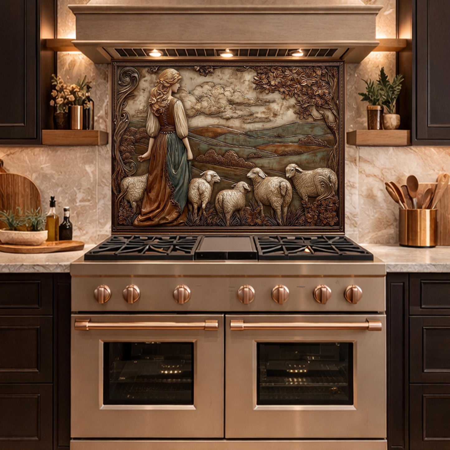 3D-Effect Copper Shepherdess Tempered Glass Kitchen Backsplash – Pastoral Countryside Scene Wall Panel, Custom Size
