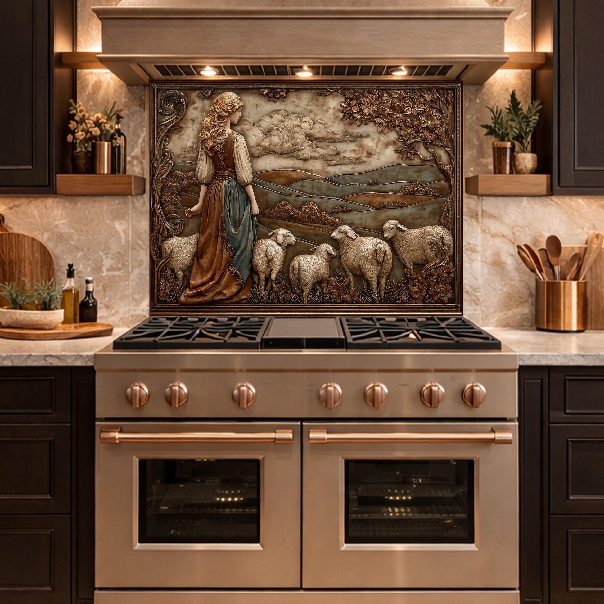 3D-Effect Copper Shepherdess Tempered Glass Kitchen Backsplash – Pastoral Countryside Scene Wall Panel, Custom Size