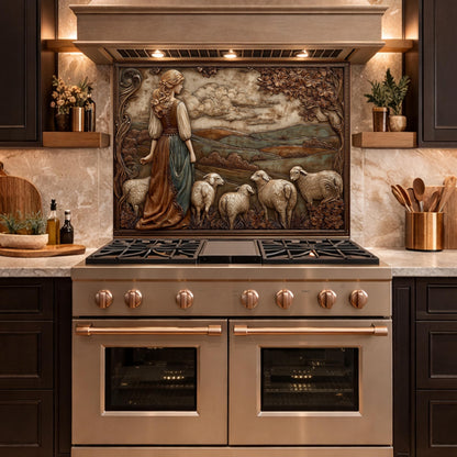 3D-Effect Copper Shepherdess Tempered Glass Kitchen Backsplash – Pastoral Countryside Scene Wall Panel, Custom Size
