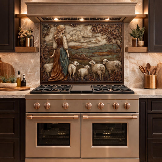 3D-Effect Copper Shepherdess Tempered Glass Kitchen Backsplash – Pastoral Countryside Scene Wall Panel, Custom Size
