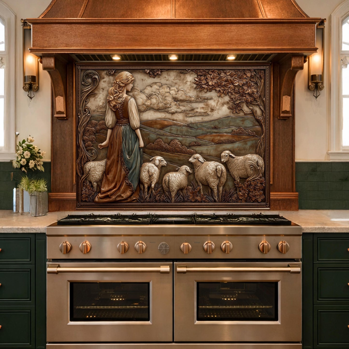 3D-Effect Copper Shepherdess Tempered Glass Kitchen Backsplash – Pastoral Countryside Scene Wall Panel, Custom Size
