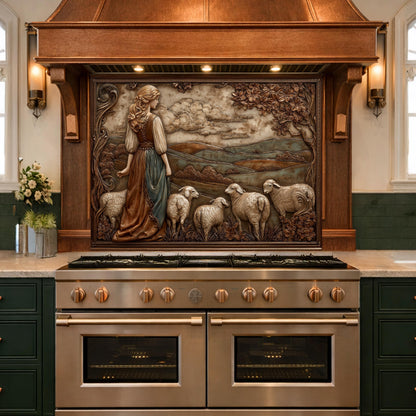 3D-Effect Copper Shepherdess Tempered Glass Kitchen Backsplash – Pastoral Countryside Scene Wall Panel, Custom Size