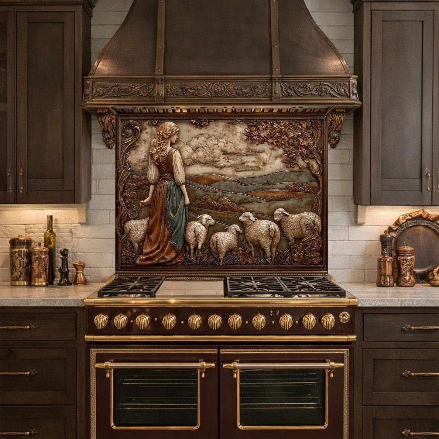 3D-Effect Copper Shepherdess Tempered Glass Kitchen Backsplash – Pastoral Countryside Scene Wall Panel, Custom Size