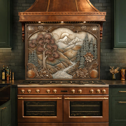Wilderness Valley Tempered Glass Backsplash, Copper Embossed River Forest Wall Panel, Custom Size