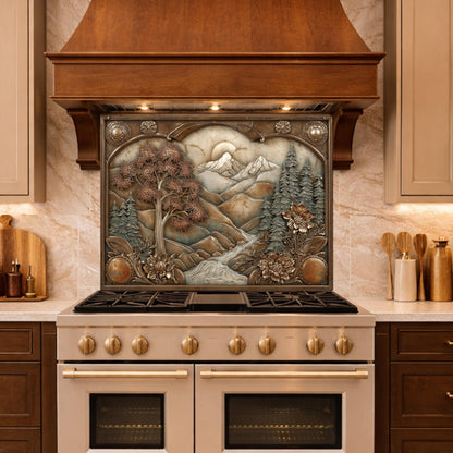Wilderness Valley Tempered Glass Backsplash, Copper Embossed River Forest Wall Panel, Custom Size