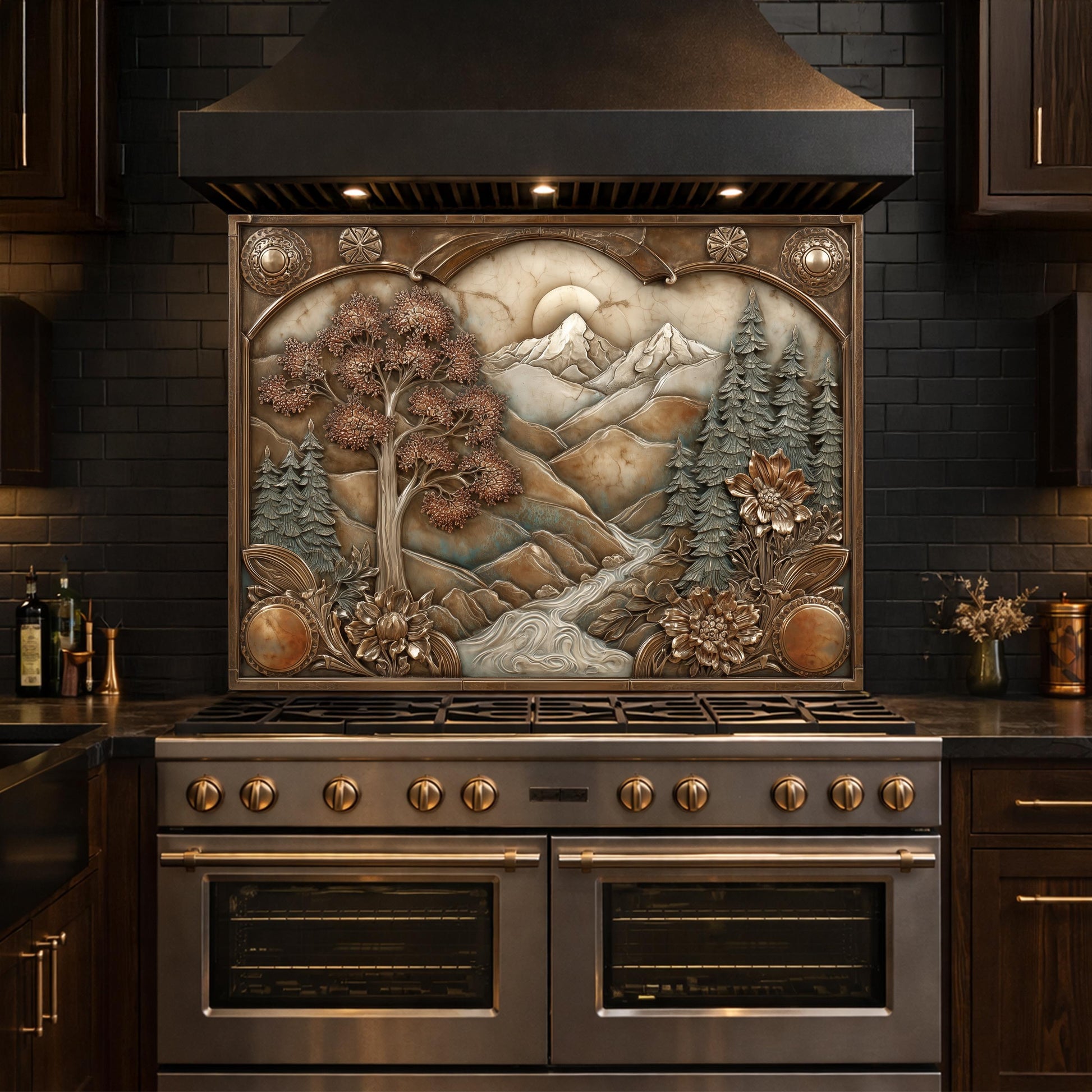 Wilderness Valley Tempered Glass Backsplash, Copper Embossed River Forest Wall Panel, Custom Size