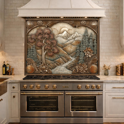 Wilderness Valley Tempered Glass Backsplash, Copper Embossed River Forest Wall Panel, Custom Size