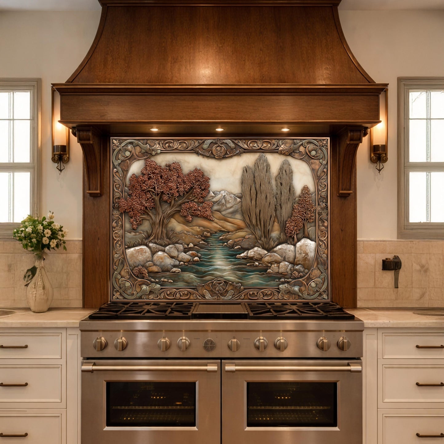 Wilderness River Tempered Glass Backsplash, Copper Look Autumn Forest Wall Panel, Custom, Heat Resistant