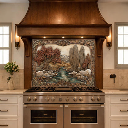 Wilderness River Tempered Glass Backsplash, Copper Look Autumn Forest Wall Panel, Custom, Heat Resistant